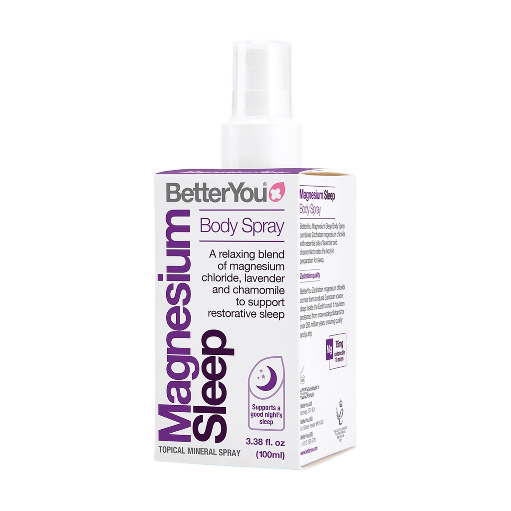 BetterYou 마그네슘 수면 바디 스프레이 - 편안한 화제 마그네슘 및 정유 스프레이 - 라벤더 및 차모마일 - 더 나은 수면을 촉진 - 3.38 온스