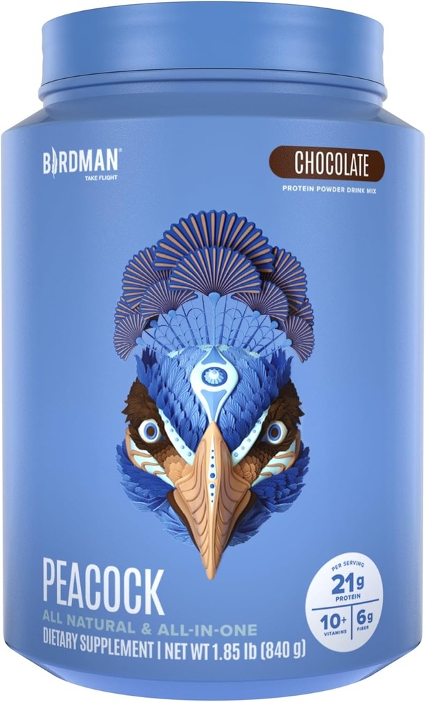 BIRDMAN Peacock Vegan Protein Powder | 마그네슘, 비타민 D, MCT 오일과 함께 플랜트 기반 식사 교체 쉐이크 | 남자와 여자를 위한 1개의 보충 교재 모두 | 부드러운 질감 | 초콜릿 맛