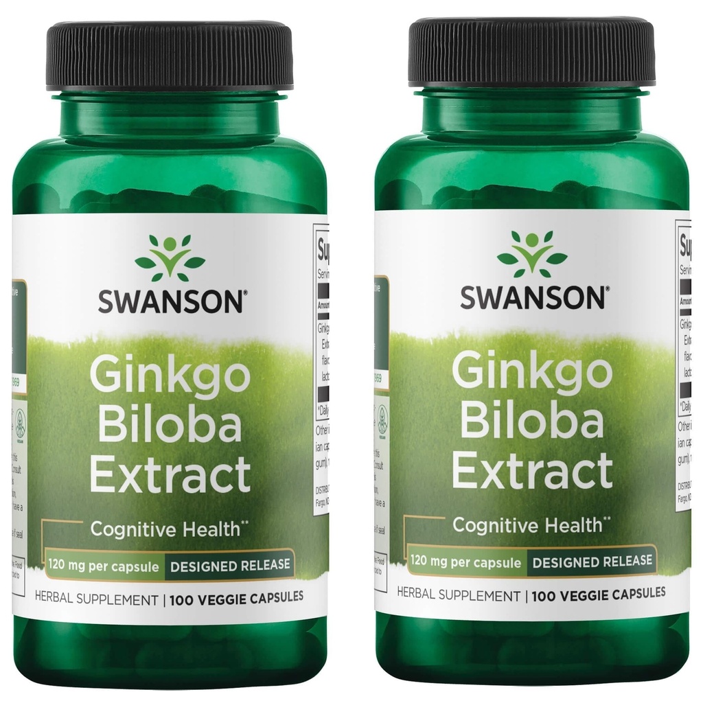 Swanson Ginkgo Biloba 추출물 표준화 된 Delayed-Release Memory Brain Cognitive Function Health Supplement 120 mg (24% flavone 배당체, 6% Terpene lactones) 100 Veggie Drcaps (2 팩)