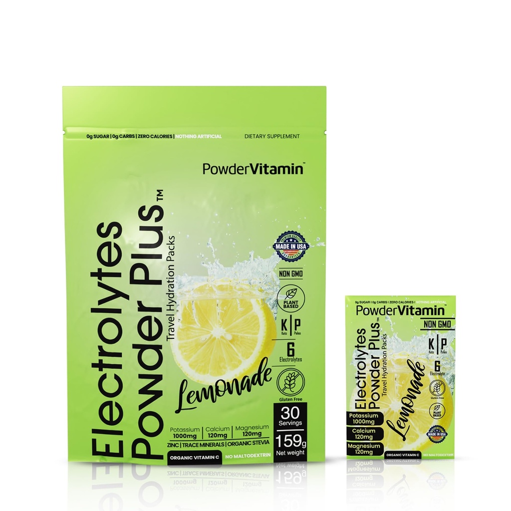 PowderVitamin Electrolytes Powder Plus, Keto, Lemonade, Zero Sugar, 1000mg 칼륨, 120mg 칼슘, 120mg 마그네슘, 비 GMO, Zero Calories, 30 Hydration Packets