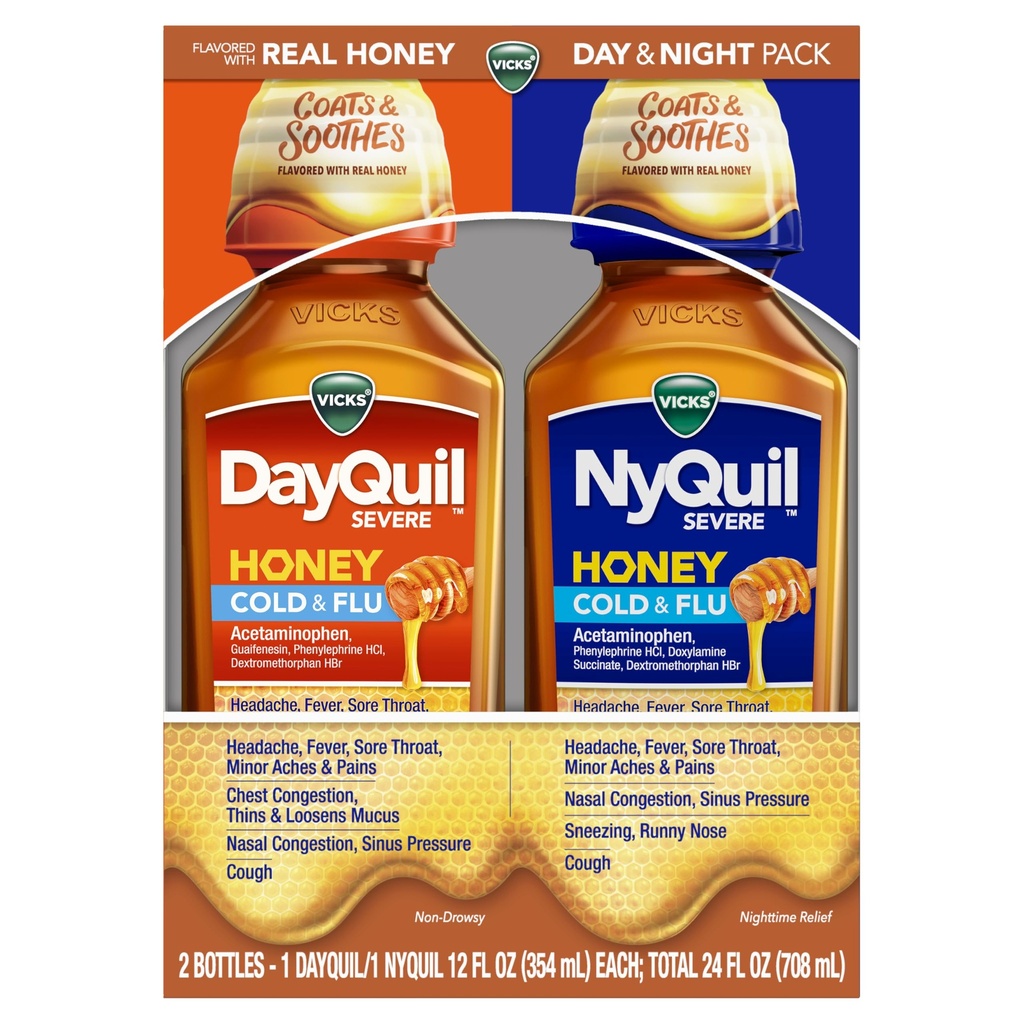 VICKS DayQuil & NyQuil SEVERE 꿀 맛 Co-Pack, 감기 & 불 약은, 두통, 발톱, 숨구멍, 마이너 Aches & 고통, Nasal 혼잡, Sinus 압력, Stuffy Nose 및 기침, 2x12oz를 구호합니다