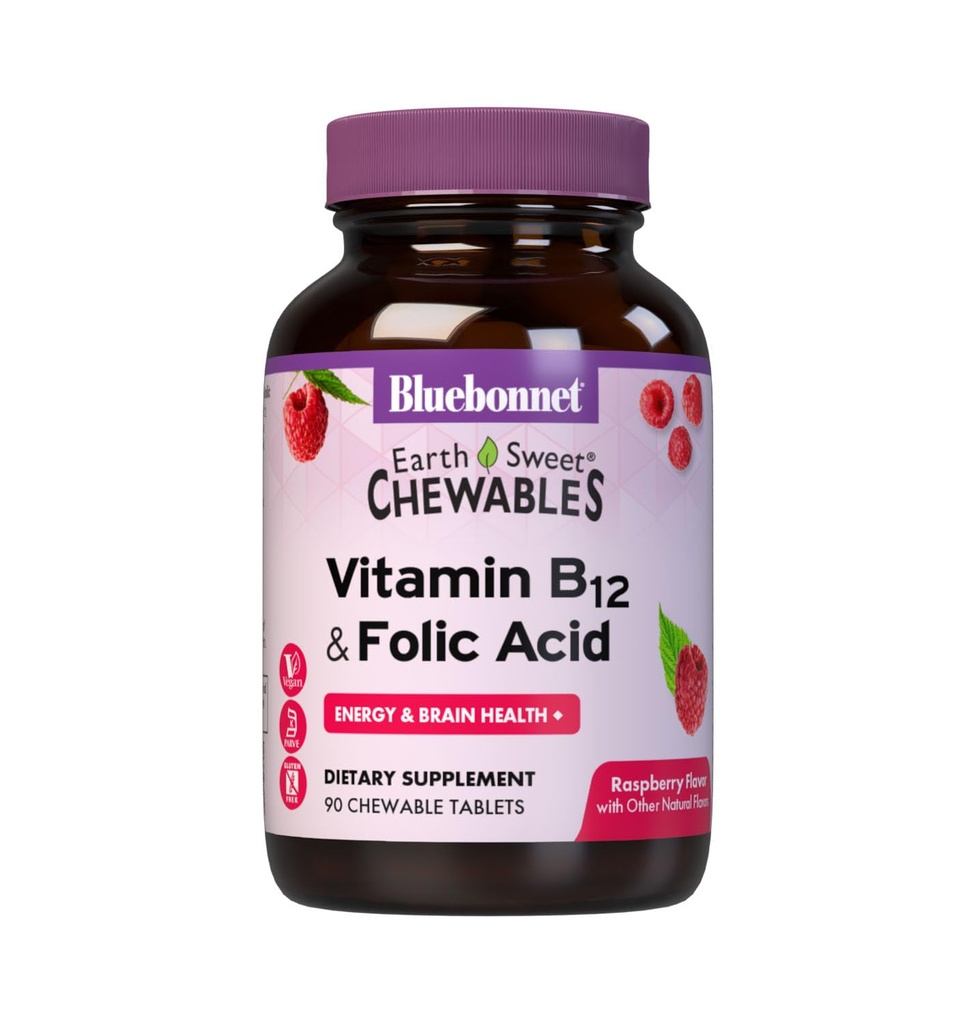 BlueBonnet Nutrition Earth Sweet Vitamin B12 & Folic Acid Chewable Tablets, Soy-Free, 글루텐 프리, 라즈베리 90 카운트 (1 팩)