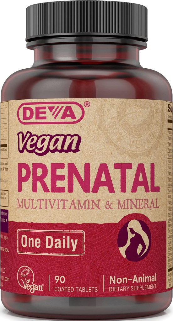 DEVA Vegan Prenatal Multivitamin 및 광물 보충 - 한 번 당 일 공식 - 비타민 A, C, D, E, K, B Complex, Folate & Chelated Iron - 90 코팅 정제, 1 팩