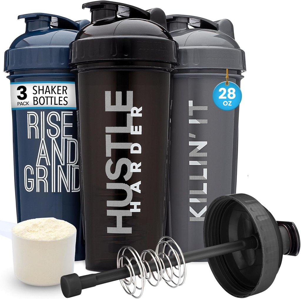 GOMOYO [3-Pack] 28-Ounce Shaker Bottle with Action-Rod Mixer | Protein Shaker Bottle with Motivational Quotes | 단백질 쉐이크용 쉐이커는 BPA Free와 Dishwasher Safe | 실버, 블루, 블랙