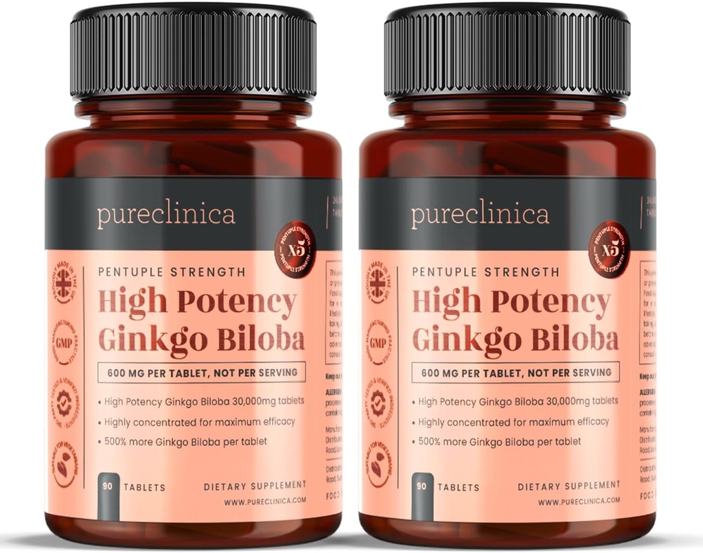 Pureclinica 높은 Potency Ginkgo Biloba 30,000mg x 180 정제 (2 병 90) - 6 개월 공급 - 5 시간 경쟁 제품의 강도