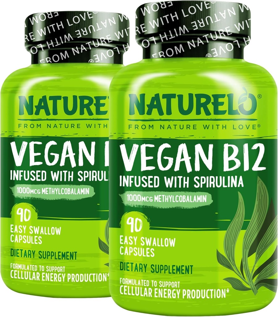 NATURELO Vegan B12 - 유기 Spirulina - 높은 힘 비타민 B12 1000 mcg Methylcobalamin를 가진 메틸 B12 - 건강한 계류, 에너지, 심장 & 눈 건강을 지원합니다 - 90의 캡슐 (2의 포장)
