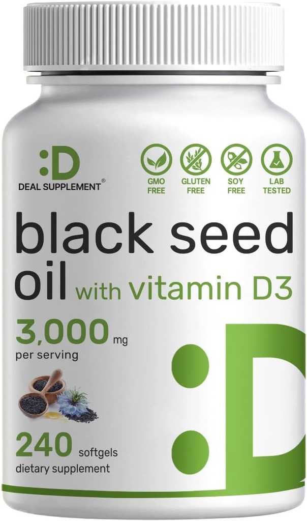 DEAL SUPPLEMENT 블랙씨 오일, 240 Softgels – 냉압 Nigella Sativa, Naturally Occurring Thymoquinone (TQ) – 비 GMO, 글루텐 없음 – 비타민 D3를 가진 까만 Cumin 씨 액체 캡슐