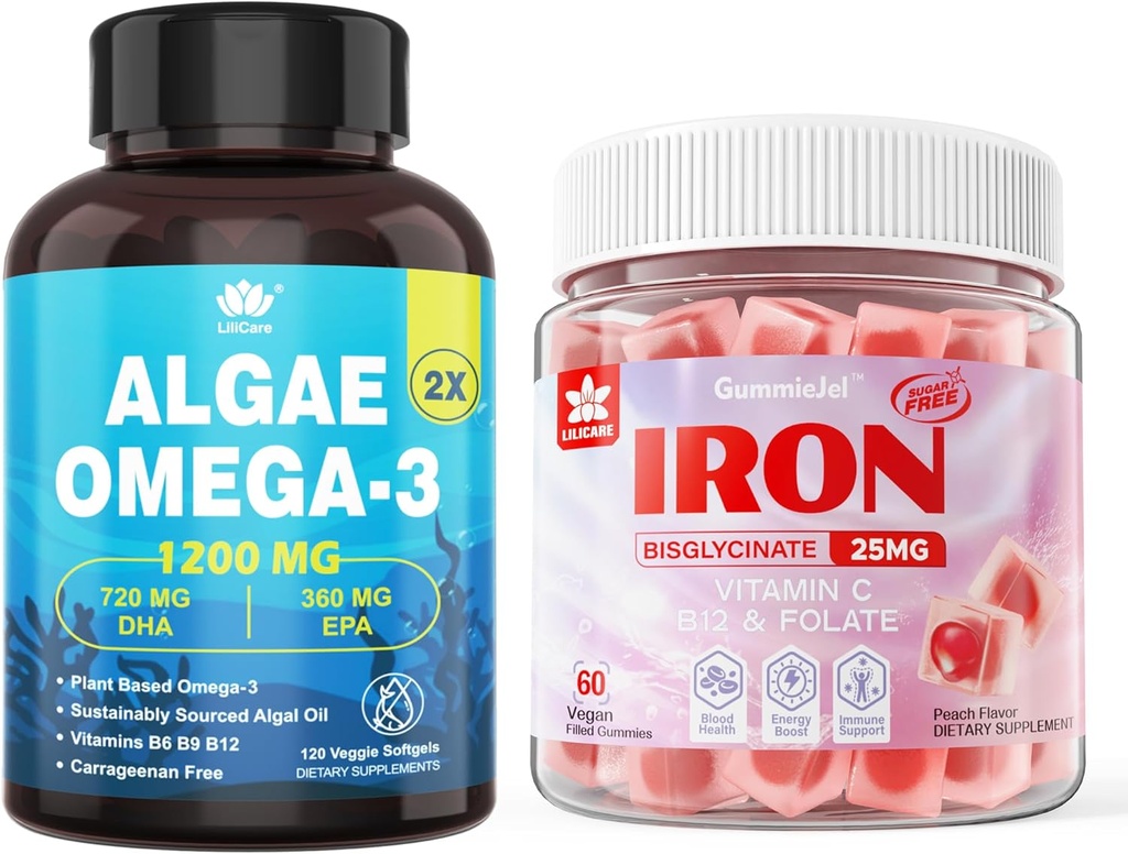 Vegan 철 Gummies & 식물 기초 조류 오메가 3 1200mg 보충교재