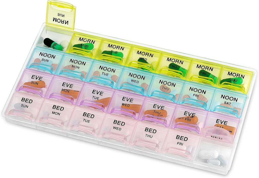 Pill 주최자 - 주간 및 일상 4-Times-A-Day Compartments와 대형 Pill 주최자 아침, 노온, 저녁, 밤 - BPA-Free, 휴대용 및 여행 친화적 인 Pill 박스 케이스
