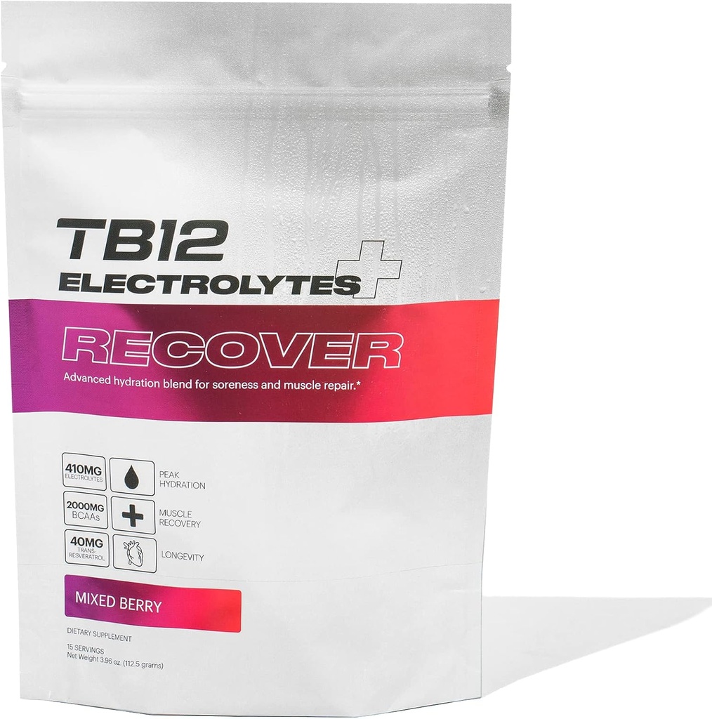 TB12 Electrolytes Plus Recover - 기능 회복 성분이있는 포스트 운동 전해질 분말 | 타트 체리, L 글루타민, BCAA | 근육 회복 및 탄력 완화 | 설탕 무료, 비 GMO