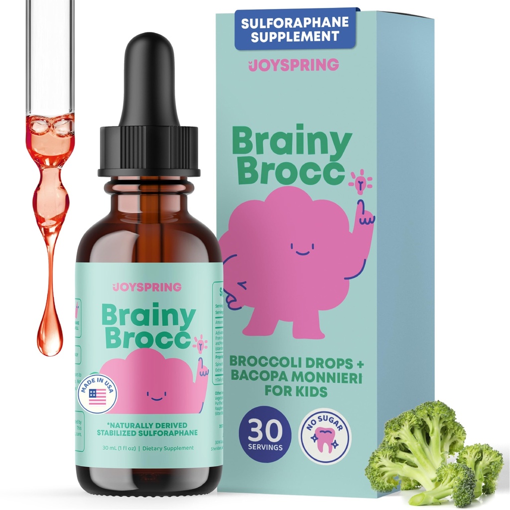 어린이를 위한 JoySpring 브로콜리 보충교재 | Sulforaphane & Bacopa Monnieri Drops | Vegan & Kid-Friendly 서포트