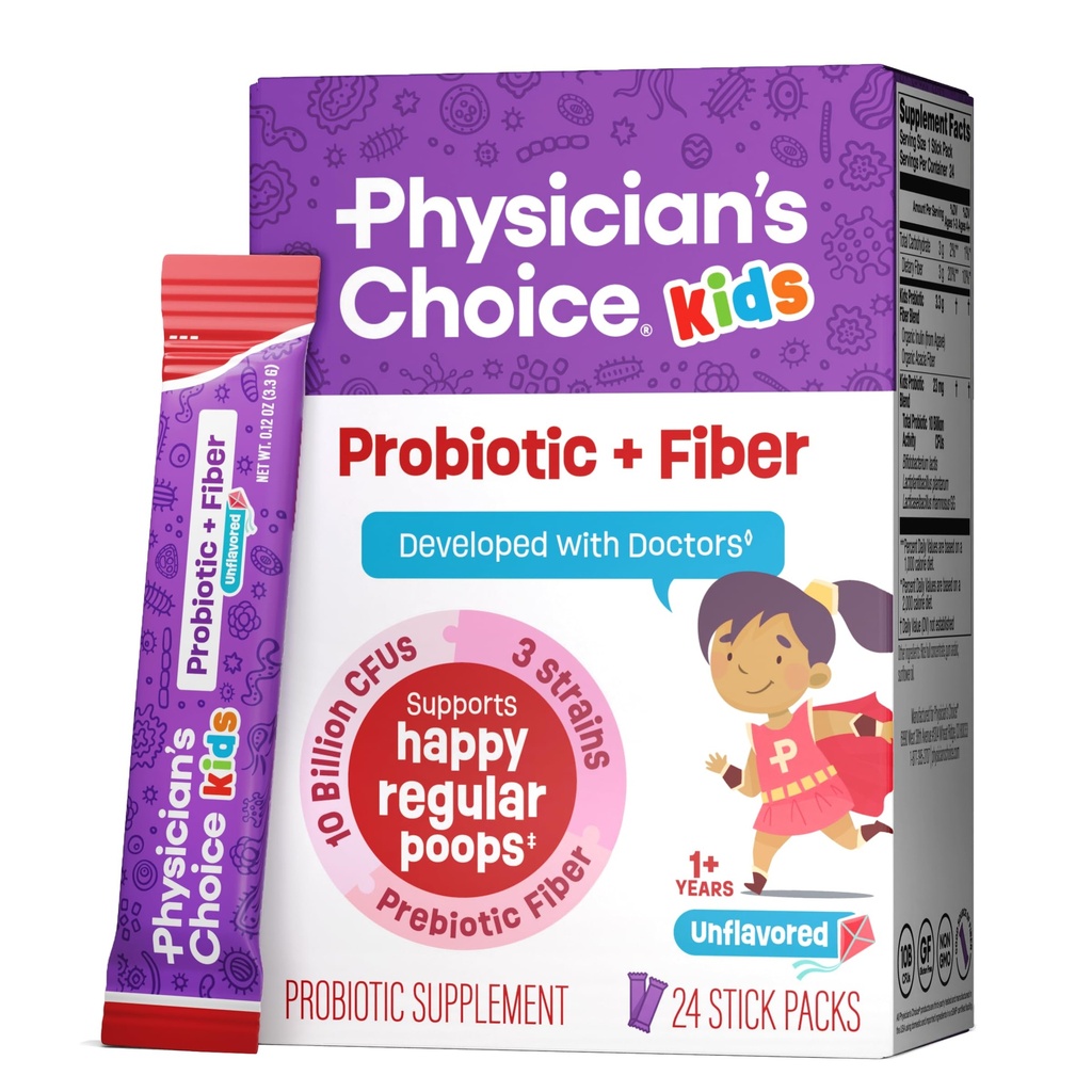Physician's Choice Kids Probiotic + Prebiotic Fiber Packets (Ages 1 +) - 정규성, 오카시적 변비 및 건강한 소화 시스템 지원 - 알레르기 없음 또는 보존 - 불연 - 24 팩