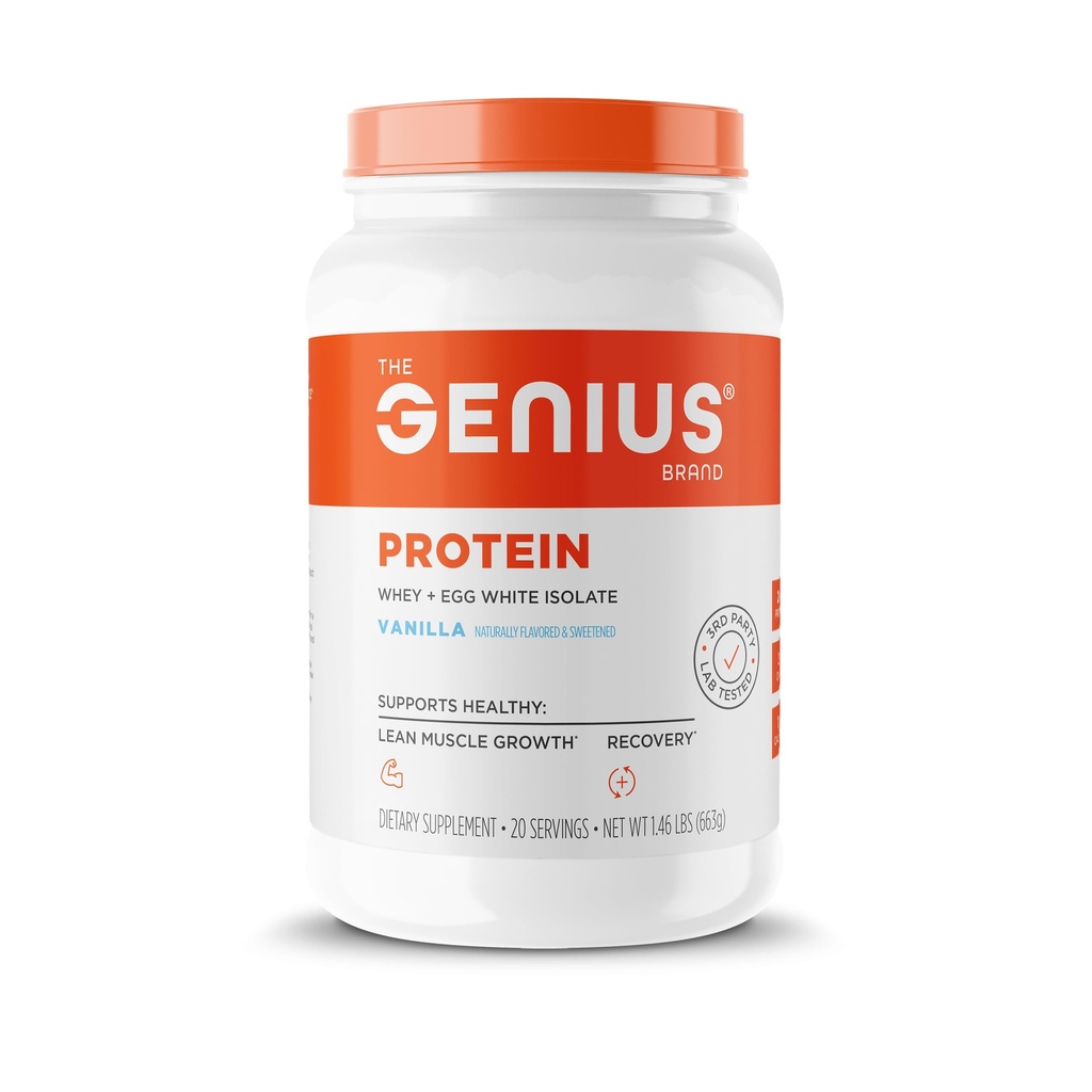 Genius Protein Powder, Vanilla - 개선 된 Whey Isolate 및 Men & Women을위한 Lean Muscle Building 용 Natural Egg White - Grass-Fed Pre & Post 운동 식사 교체 Shake