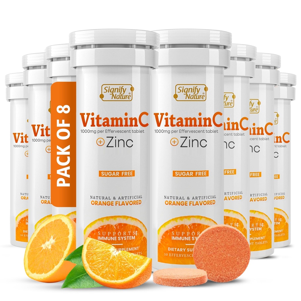 SIGNIFY NATURE 비타민 C 1000mg Effervescent Tablets - 아연 보충을 가진 유력한 면역 지원 VIT C - 설탕 자유로운 & 채식주의자 공식 | Dissolvable 비타민 C 정제 - 수용성 Fizzy Elixir - 80CT