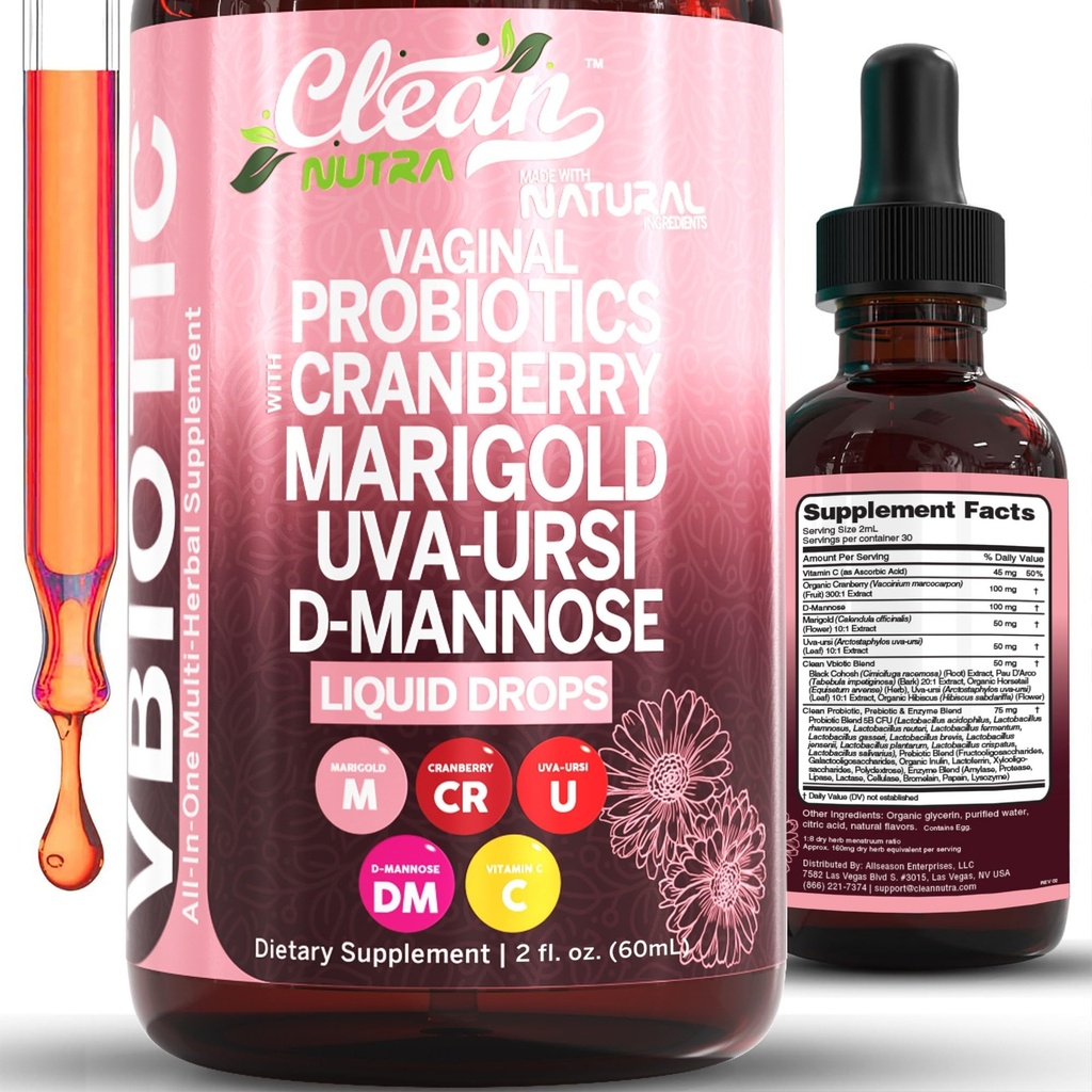 클렌징 Nutraceuticals VBiotic Vaginal Probiotic for Women Liquid Drops | 크랜베리 우바 우르시 말테 D-Mannose Prebiotics Marigold & Black Cohosh Vaginal Health Supplement | pH 밸런스