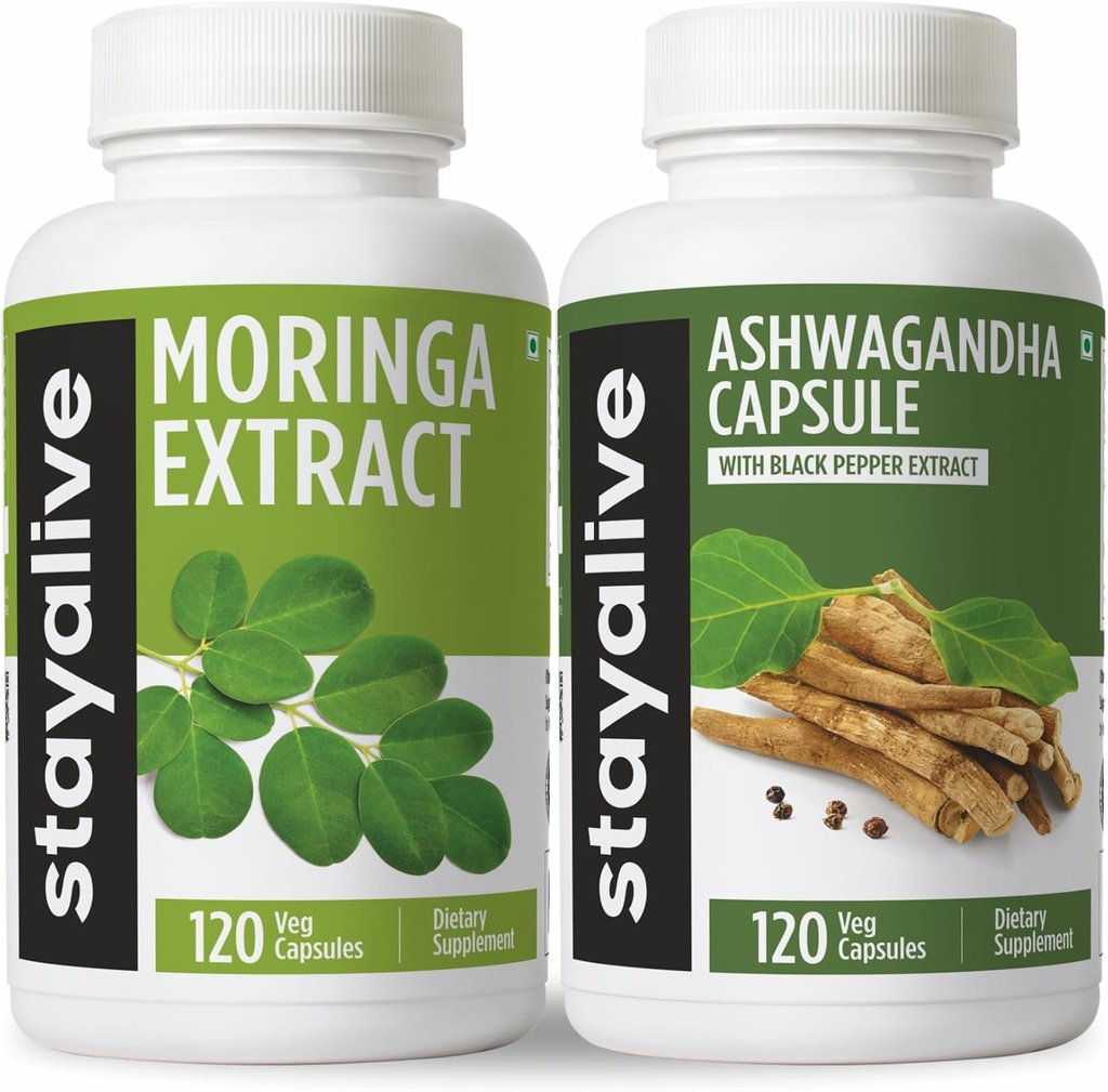 STAY ALIVE Moringa와 Ashwagandha 번들 w/Black Pepper Extract, 240 Vegan Pills, Non-GMO & 글루텐 무료 Ashwagandha Moringa 보충 2 팩