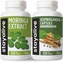 STAY ALIVE Moringa와 Ashwagandha 번들 w/Black Pepper Extract, 240 Vegan Pills, Non-GMO & 글루텐 무료 Ashwagandha Moringa 보충 2 팩