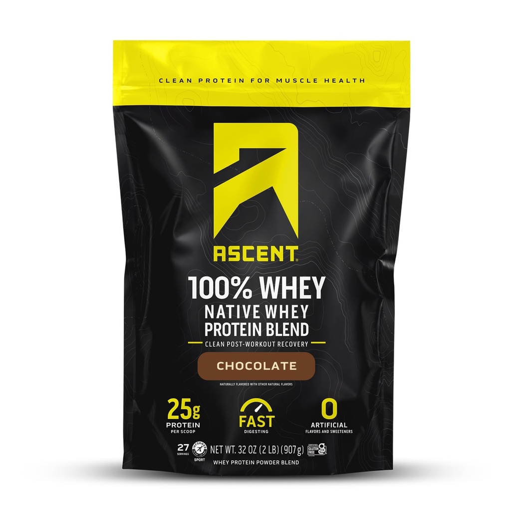 Ascent 100 % Whey Protein Powder - 포스트 운동 Whey Protein Isolate, Zero 인공 향 및 감미료, 글루텐 무료, 5.5g BCAA, 2.6g Leucine, 필수 아미노산, 초콜릿 2 lb