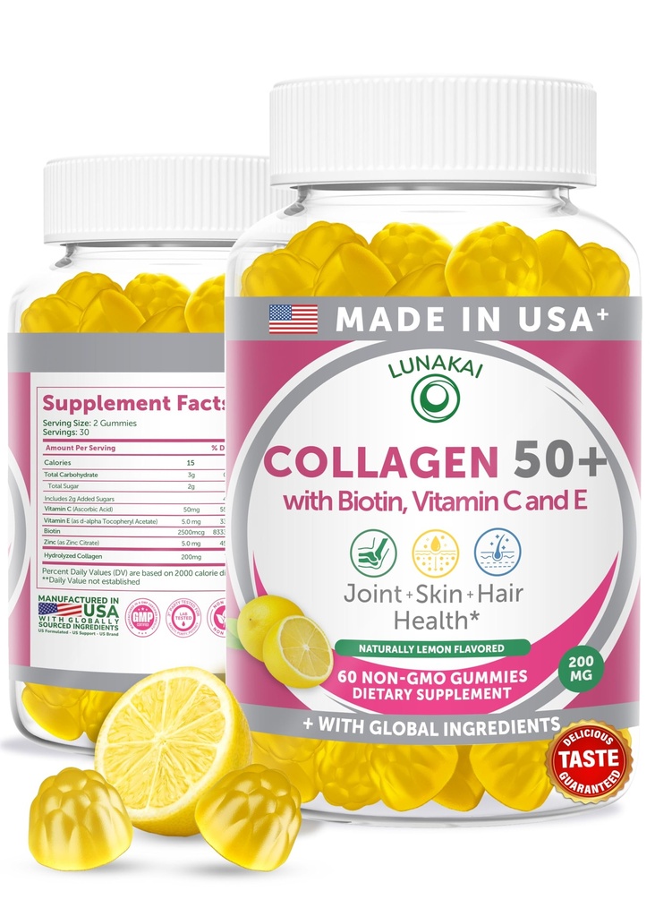 Lunakai USA는 50, Biotin & Vitamin C 이상의 여성 및 남성을위한 Collagen Gummies를 제작했으며 피부 탄력성, 헤어 및 네일 강도, 관절 지원, 60ct을 지원합니다.