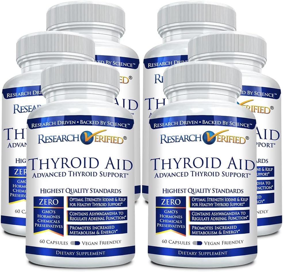 연구 Verified® Thyroid Aid - Iodine, 구리 및 아연이있는 최적의 Thyroid 기능 - 260 mcg 셀레늄 - 100 % 순수 - Vegan 친절 - 병 당 60 캡슐 - 6 병
