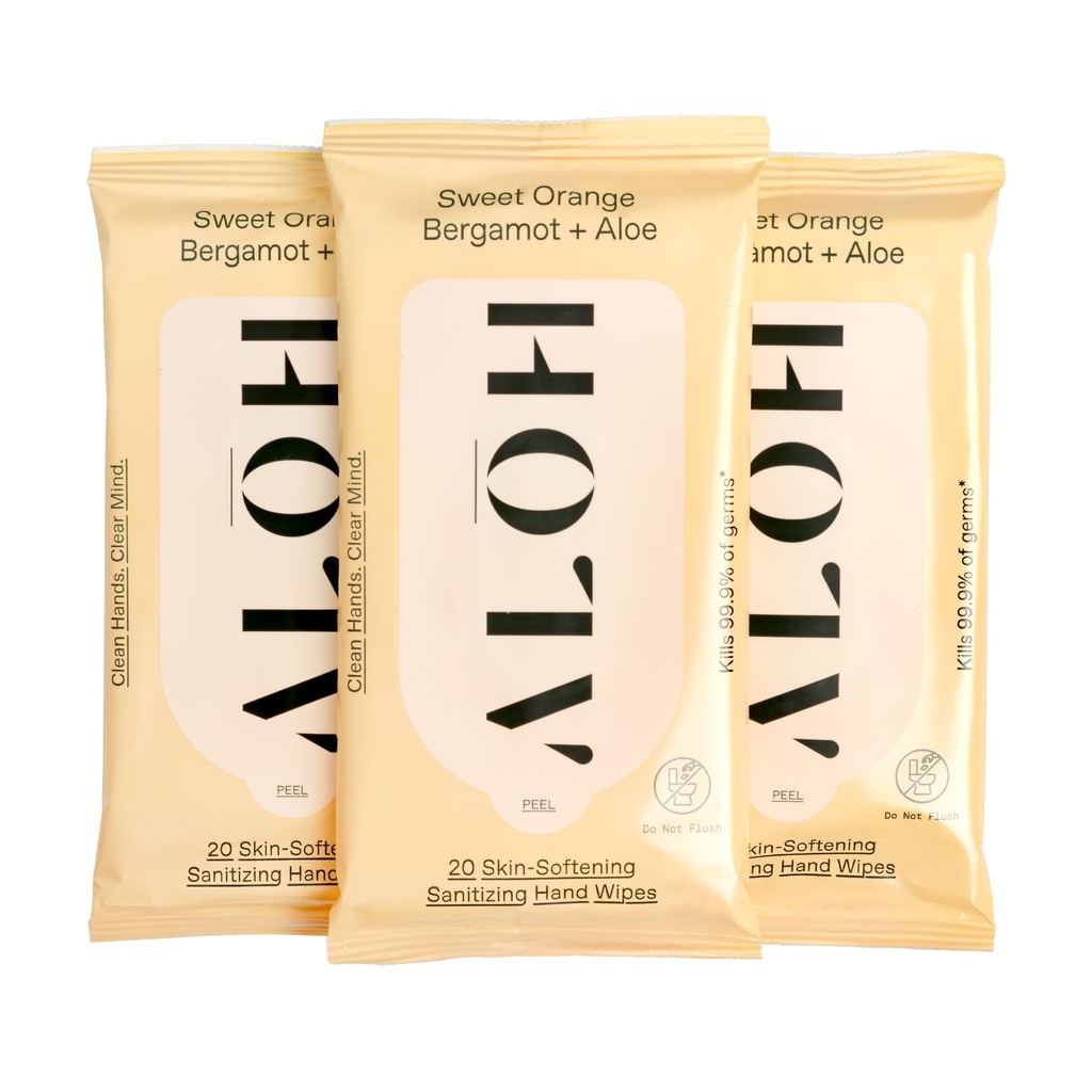 ALOH Sweet Orange Bergamot + Aloe Sanitizing Hand Wipes - Clean Hands, Clear Mind - 어린이 및 성인을위한 Go Hand Sanitizing Wipes에 - 여행 크기 3 팩 20ct Wipes (60 와이퍼)