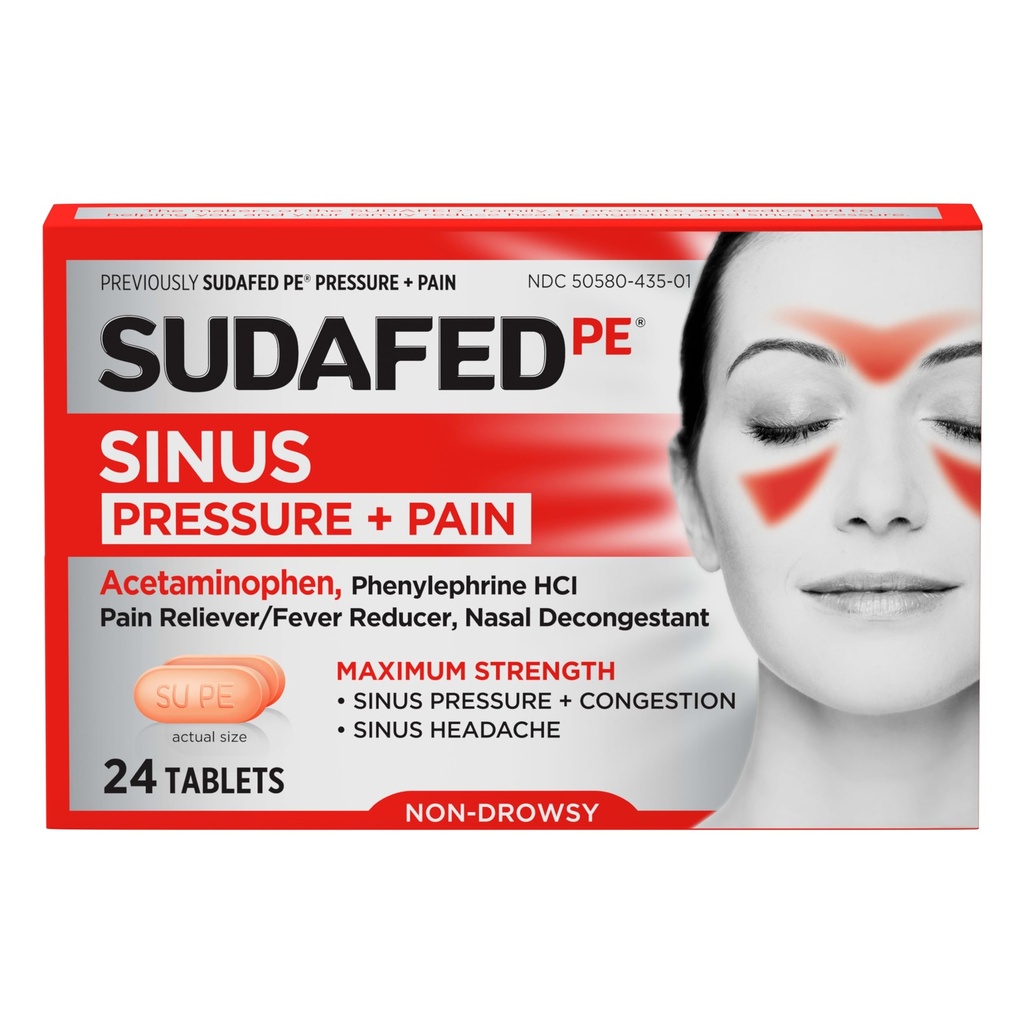 Sudafed PE Sinus 압력 + 통증 완화 정제, 최대 힘, 비 돌기, Acetaminophen 고통 Reliever & Phenylephrine HCl Nasal Decongestant, 24의 ct를 가진 OTC Sinus 기복 약