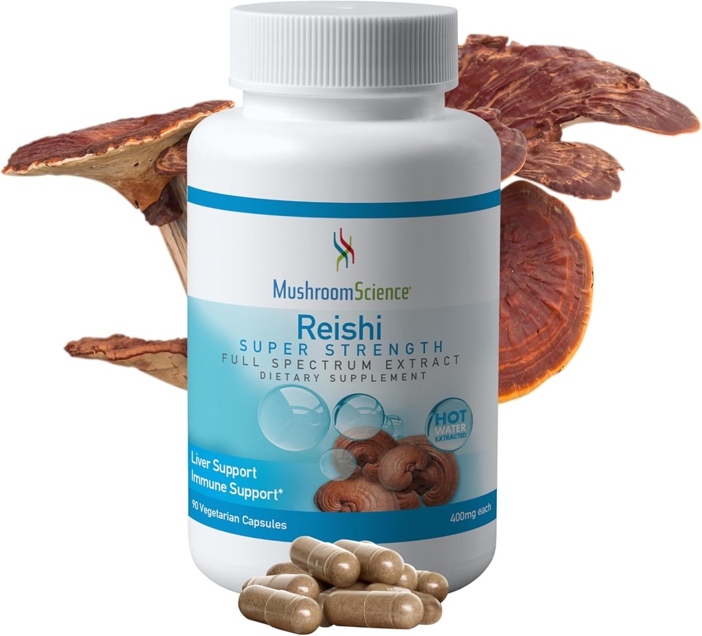 MushroomScience Reishi 버섯 캡슐, 최고 힘 가득 차있는 스펙트럼 추출물, 성인을 위한 자연적인 버섯 보충교재, 온수에 의하여 추출되는 버섯, 건강 지원, 채식주의자, 400MG, 90 CT