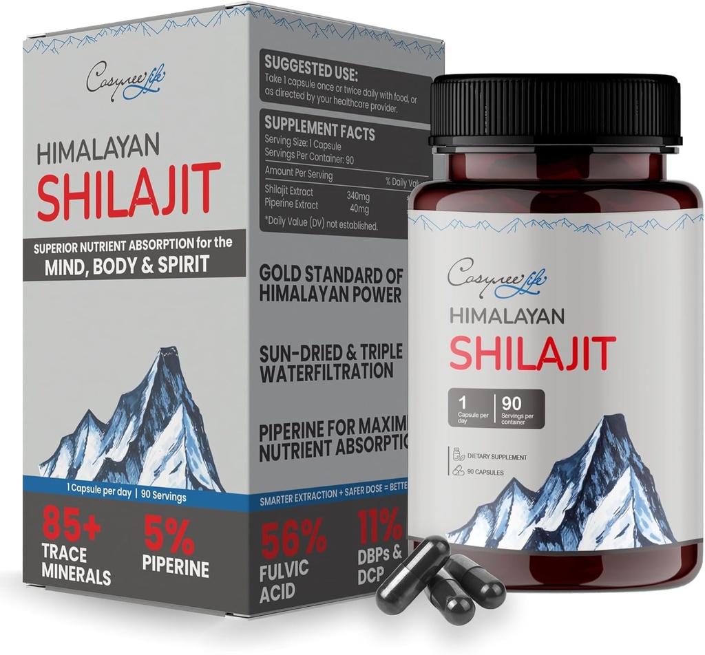 cosynee Himalayan Shilajit - Shilajit 캡슐, 남성용 Shilajit, 여성용 Shilajit, 56% Fulvic 산 및 5% Piperine, 90 모자