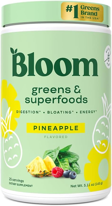 Bloom Nutrition Superfood Greens Powder, Probiotics 및 Prebiotics, Gut Health, 여성용 Bloating Relief, Chlorella, Beet Root Powder, 25 SVG, Pineapple과 Green Juice Mix 혼합