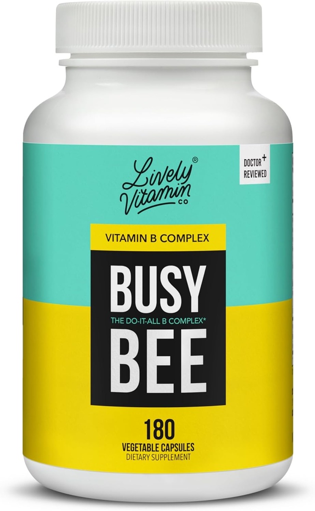 LIVELY VITAMIN CO., 주식 회사 Busy Bee - 콜린과 높은 생물 사용 비타민 B 복합체 - 에너지 - 스트레스 - 두뇌 Fog - 정신적 명확성 - 산화 손상 - 낙농성 글루텐 무료 - 180 Vegan 캡슐