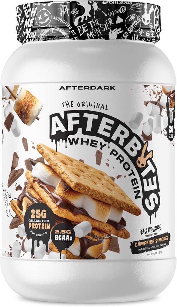 AFTERDARK AfterBites Whey Protein Powder, 25g Protein, 4.5g BCAA의, 쉬운 용해, 인공 색상 또는 필러 없음, Isolate Protein, USA Made, 26 서빙, Campfire Smores