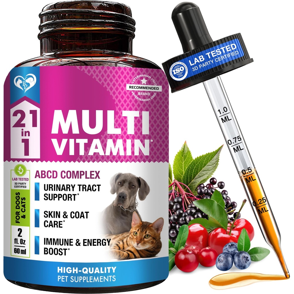Cat & Dog Multivitamin Liquid with Glucosamine & Cranberry | 15 in 1 Health Supplements for Urinary Tract Kidney, Bladder, Hip & Joint, Skin & Coat | 자연적인 UTI 의학 Made in USA (60 ml)