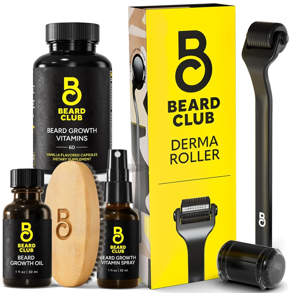 Beard Club Derma Roller & Essential Beard Kit - Beard Roller, Beard Oil, Beard Spray, Beard 비타민