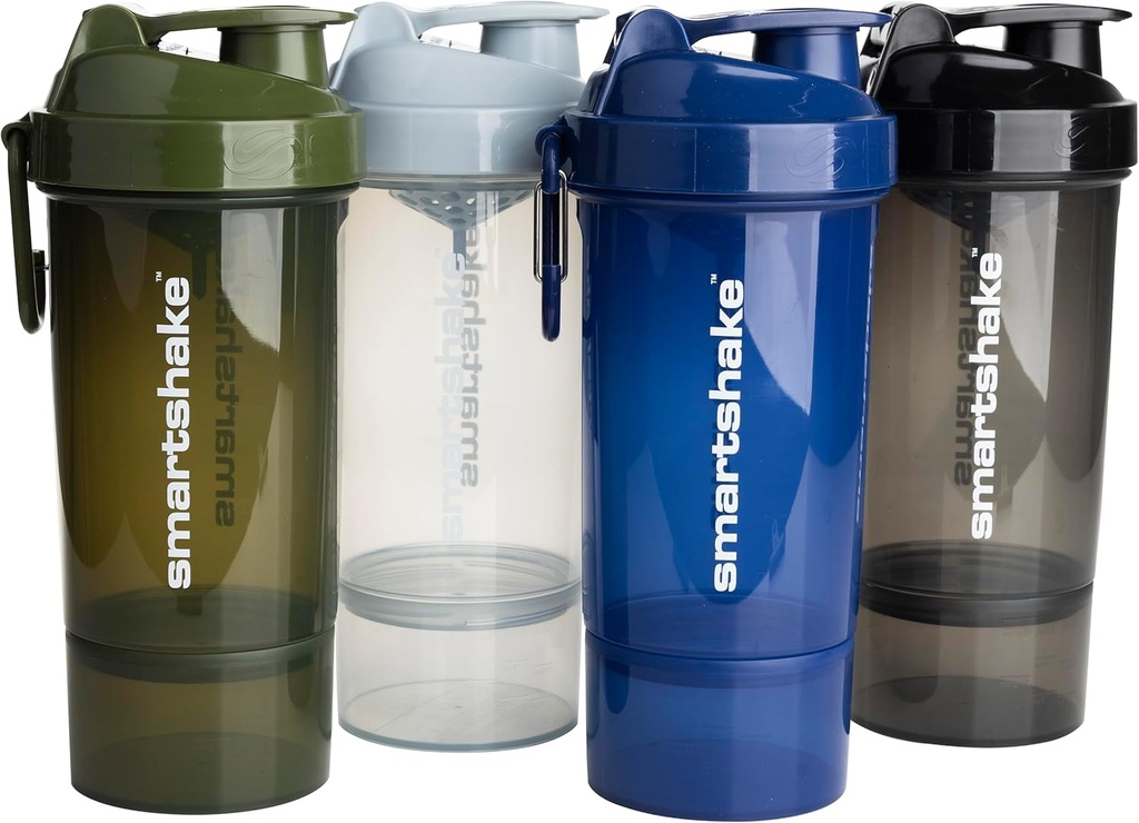 Smartshake O2GO ONE 4-Pack Protein Shaker Bottle 800 ml | 27 oz - 스토리지 포함 - 누설 나사 - 뚜껑 - BPA 무료 - 유니섹스 - 미스트 그레이, 육군 녹색, 검정, 해군 파란색