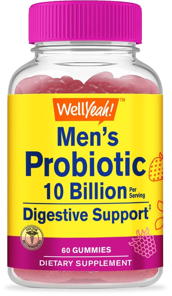 10 억 CFU를 가진 남자를 위한 WellYeah Probiotic Gummies, 자연적인 소화 균형, 감소 가스, bloating 및 불규칙성, 글루텐 자유로운, 비 GMO, 채식주의자 - 60 Gummies