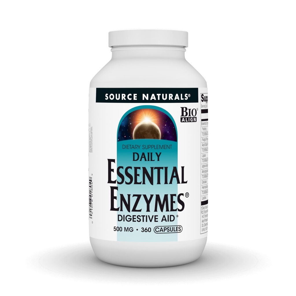 Source Naturals Essential Enzymes 500mg, Bio-Aligned Multiple Enzyme Supplement Herbal Defense for Digestion, Gas, Constipation & Bloating Relief - 소화 보조 보조 * - 360 캡슐, 360 서빙
