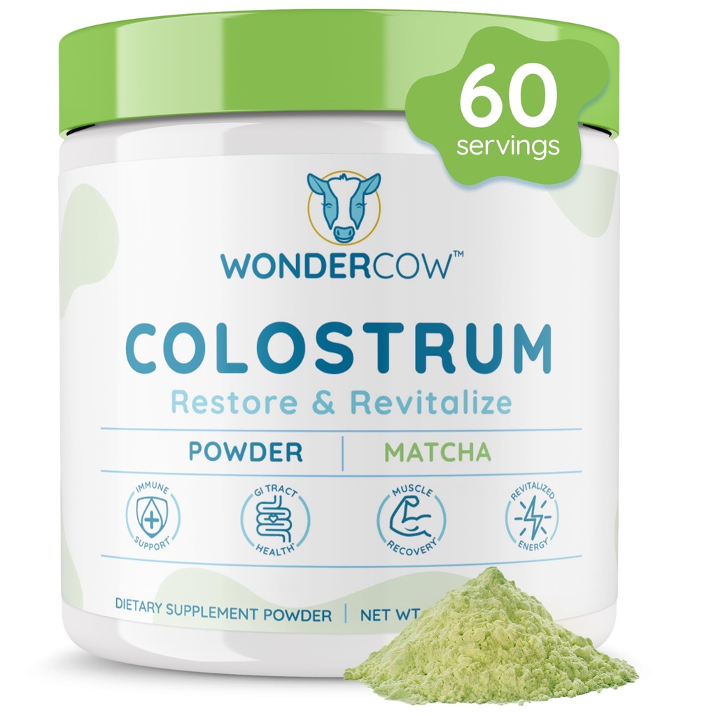 WONDERCOW Colostrum Supplement Powder for Gut Health, Immune Support, Muscle Recovery & Wellness | 천연 IgG 순수 전체 Bovine Colostrum Superfood, Matcha, 60 서빙