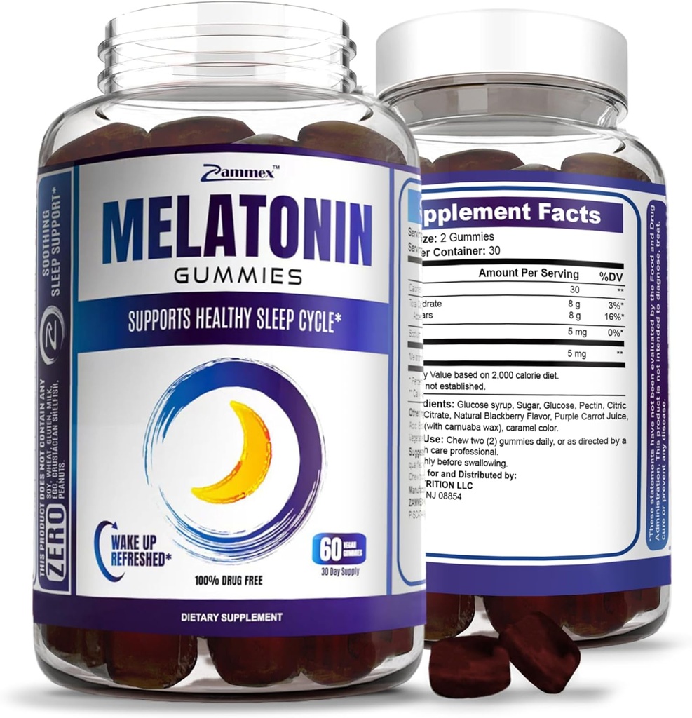Zammex Melatonin Gummies 5mg | 60 개 | 성인용 수면 보충 | 마약 무료 수면 보조 거미 | 천연 베리 맛 | Vegan, Non-GMO, 글루텐 프리