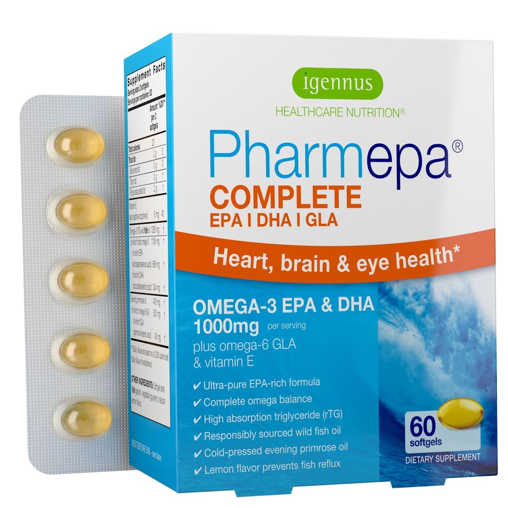 Igennus Pharmepa 완전한 EPA 668mg & DHA 334mg Omega-3 지방산 1000mg, IFOS는, rTG 모양, GLA 저녁식사 기름, 레몬 풍미, 60 Softgels에서 높은 힘 물고기 기름 플러스 Omega-6 & 9를 증명했습니다
