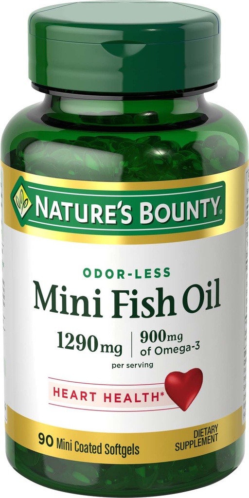 Nature's Bounty Mini Fish Oil Softgels, Burpless Fish Oil Omega 3 보충제, 심장 건강 지원, 90 Softgels (팩 1)