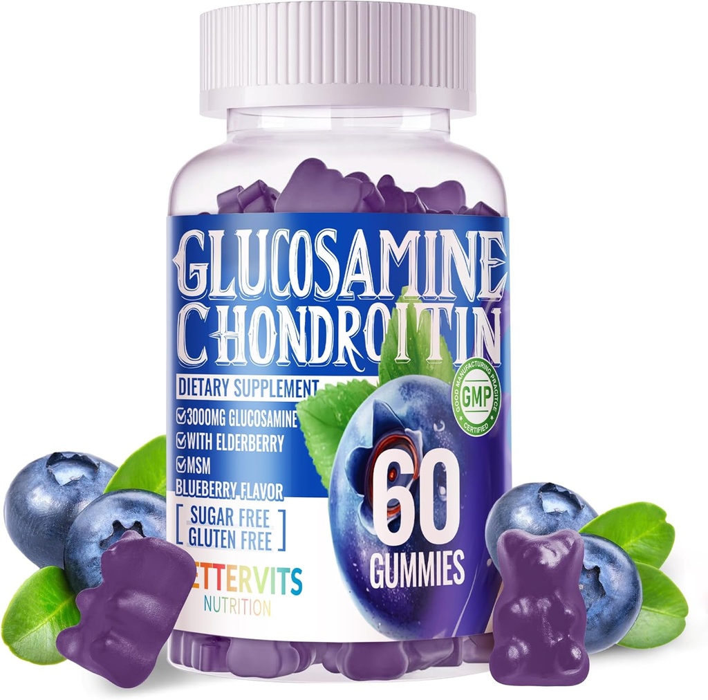 Glucosamine Chondroitin Gummies MSM 및 Elderberry 여분 힘 - 합동 지원, 성인, 남자 & 여자를 위한 산화 면역성이 있는 면역성이 있는 지원 보충교재.60 Blueberry Gummies