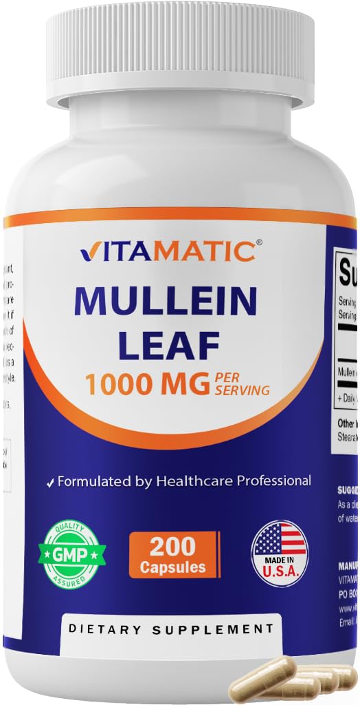 봉사 당 Vitamatic Mullein 잎 1000mg - 건강한 호흡, 기관 및 면역 기능 지원 - 200의 캡슐
