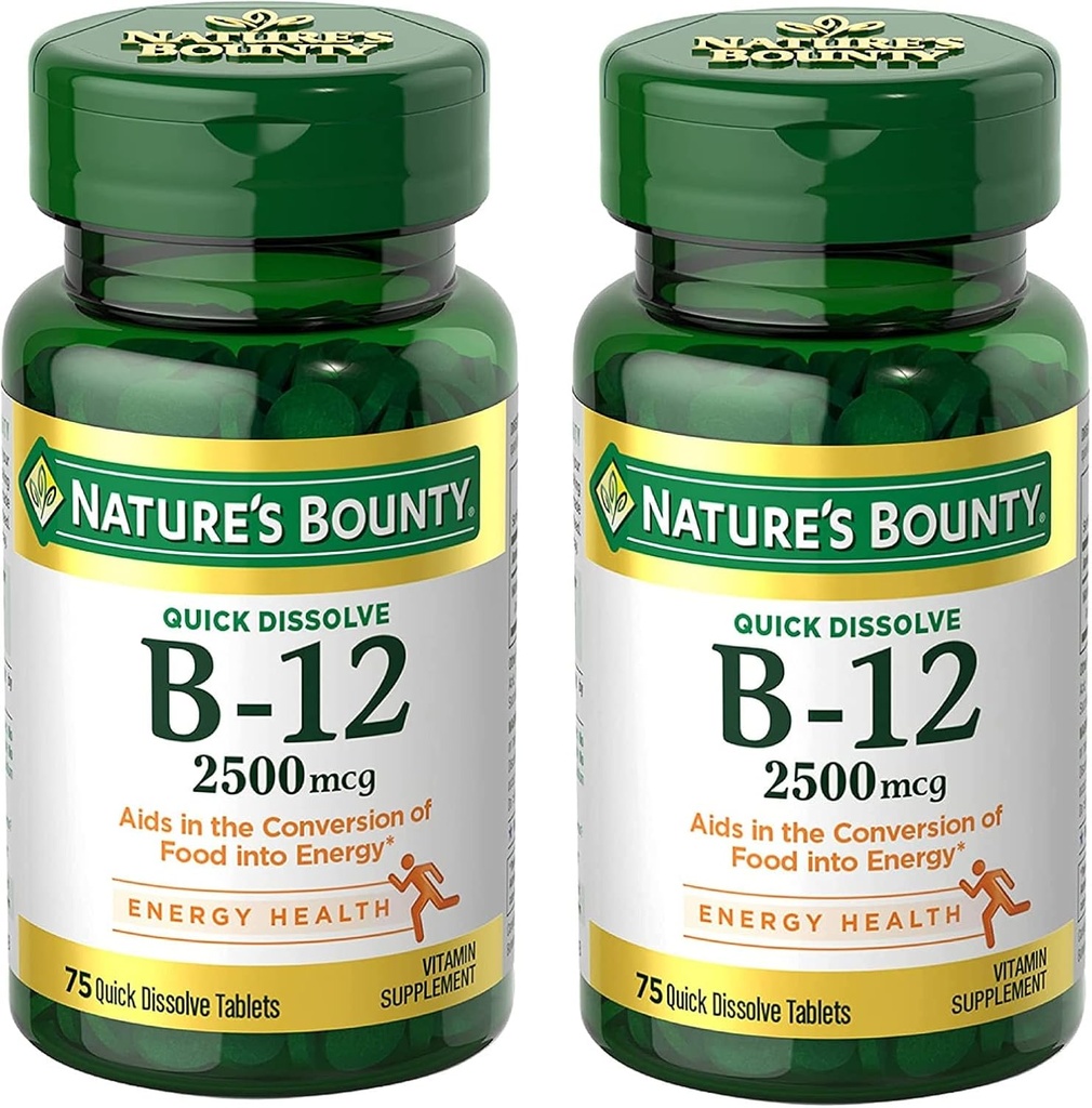Nature 's Bounty Vitamin B12 2500 mcg, 에너지 대사, 심장 및 신경 시스템 건강, 75 빠른 용해 정제 (패치 2)