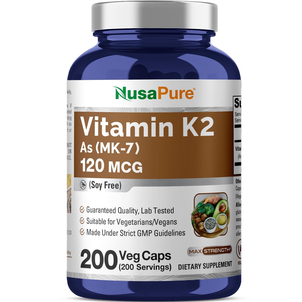 NusaPure 비타민 K2 MK7 120 mcg 200 Veggie 모자 (Soy 무료, 비 GMO, 비건)