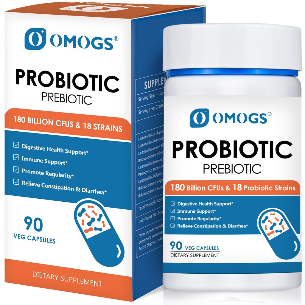 OMOGS Probiotics 120 억 CFUs 18 Strains, 3 Prebiotics & Digestive Enzymes, Digestive, Gut Health, Immune, Occasional Constipation 지원, Diarrhea & Gas - 여성 및 남성, 60 캡슐