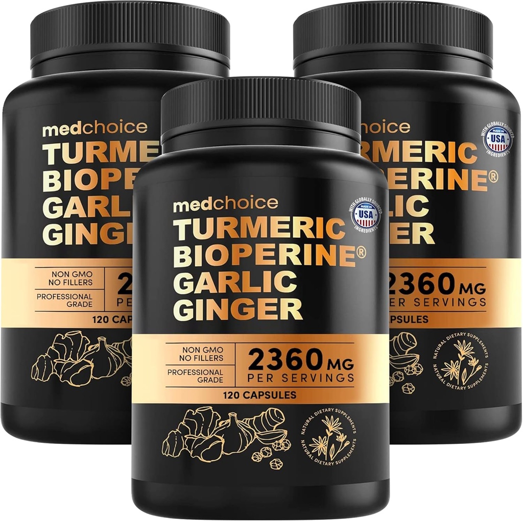 4-in-1 심황과 마늘 보충제 BioPerine - 마늘과 2360mg 심황 생강 뿌리 캡슐 - 높은 효능 초본 혼합 (120ct, 3)의 팩