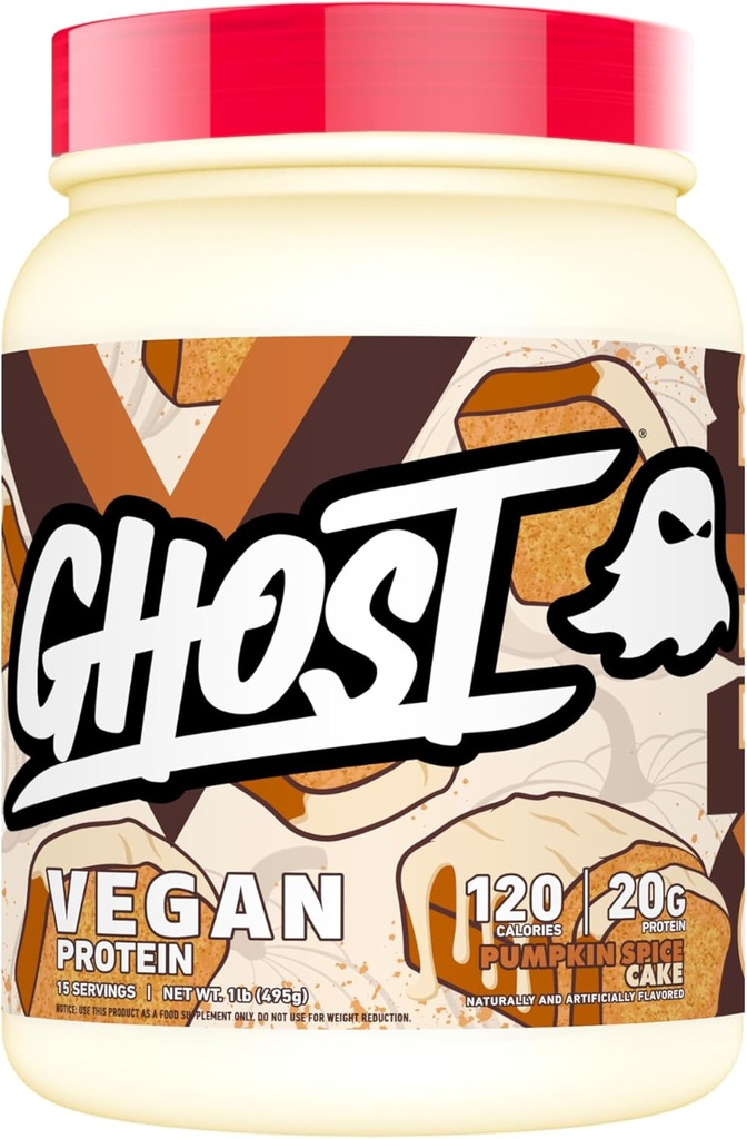 GHOST Vegan Protein Powder, Pumpkin Spice Cake - 1LB Tub, 단백질 20G - 식물 기반 완두콩, 유기 호박 및 수박 종자 단백질 혼합 - ­Flavored Post Workout Shakes - Soy & Gluten Free