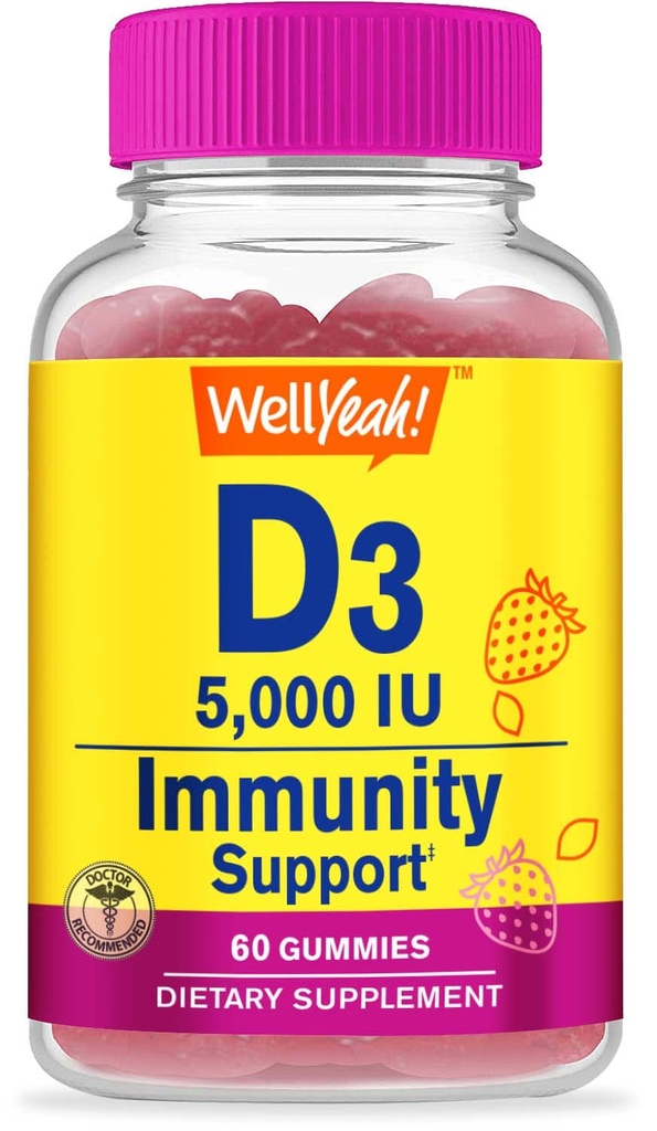 WellYeah 비타민 D3 5000 IU (125 mcg) 여분 Strenght Gummies - 뼈 건강을 위해, 면역 부스터, 뼈 및 치아 지원 - 비 GMO, 글루텐 무료, 견과 무료, 채식 - 딸기 풍미 -60 Gummies