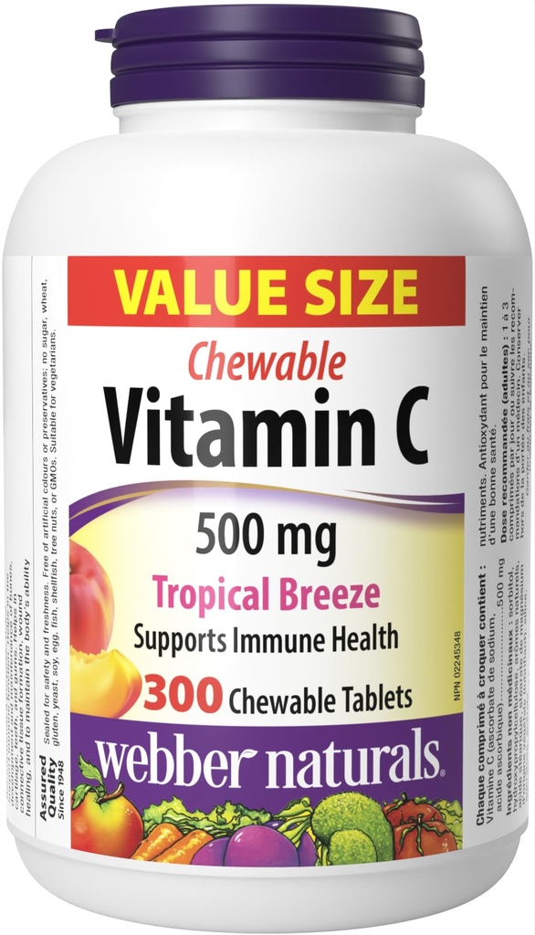 Webber Naturals 비타민 C, 300 Chewable Tropical Breeze 맛 정제, 정제 당 비타민 C의 500 mg, 뼈, 치아, 면역성 및 산화 방지제 지원, 비 GMO, 낙농장 및 글루텐 무료