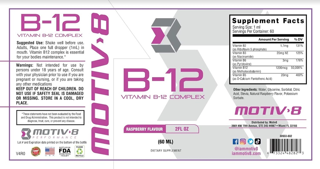 Motiv-8 Essentials Vitamin B-12 Drops, SubLanguage, Liquid Supplement, Supports Eye Health, Brain Energy, Nervous System, Cognition & Memory (60 서빙, 라즈베리)